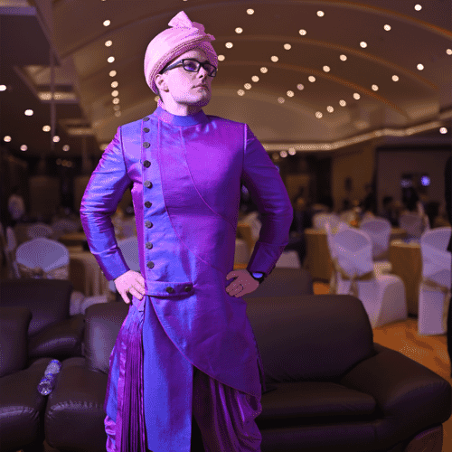 A Portrait full body photo of James Wiens, in Kolkata, at his own wedding where he got married to Yagyaseni Bhattacharya!