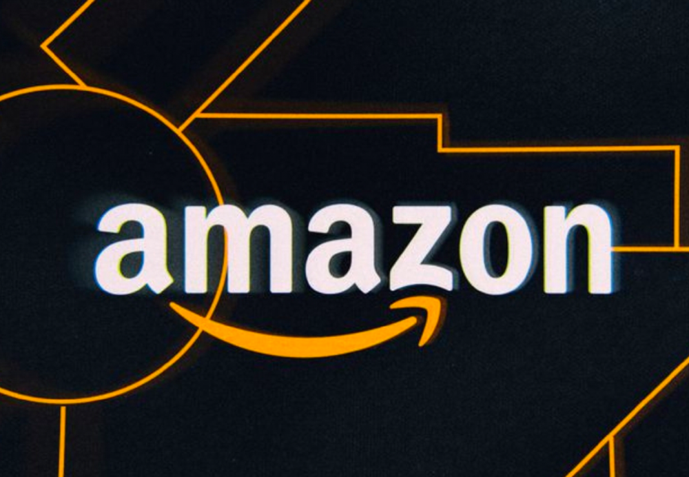 Amazon Web Services (AWS) logo with a dark background featuring orange lines