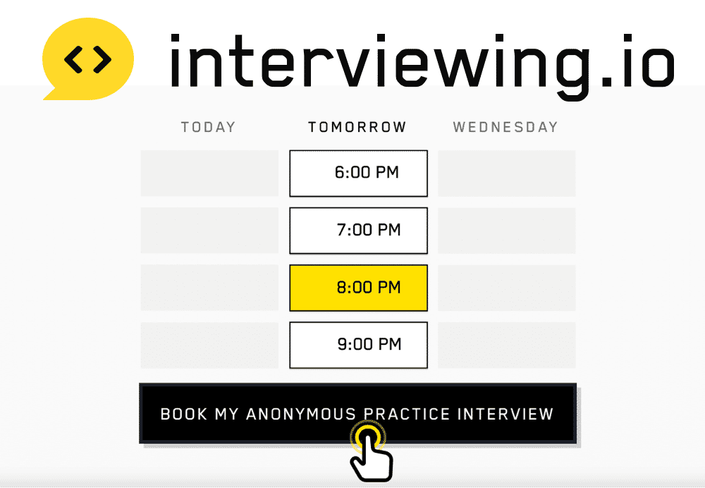 Interviewing io logo with promotional calendar showing a call to action to book now or an example of the coderpad and the features that come with the service